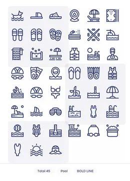 45 Display Perfect 64x64 Vector Icons for Pool in elegant Bold Line design Stock Illustration