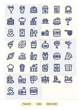 45 Editable Vector Icons themed around Cafe in 64x64 Bold Line format Stock Illustration