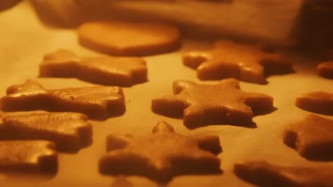 45° Horizontal Static Shot of Gingerbread Cookies Baking in Oven Stock Footage 321832258
