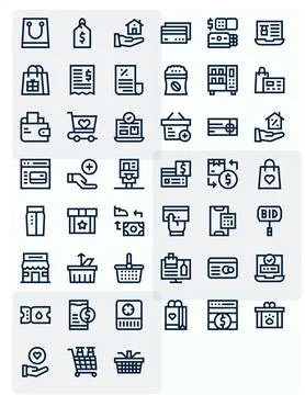 45 PIXEL Perfect 128x128 Vector Icons for Purchase in elegant Bold Line desig Stock Illustration