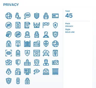 45 Vector Icons for Privacy featuring 128x128 Grid Fitted Bold Line Graphics Stock Illustration