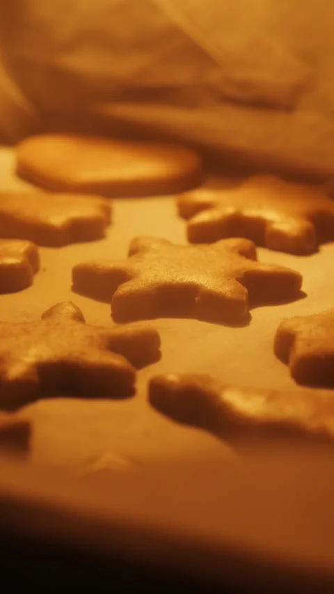 45° Vertical Static Shot of Gingerbread Cookies Baking in Oven with Warm Light Stock Footage 321832374
