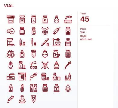 45 Vial PIXEL Perfect Vector Icons in 128x128 Bold Line Aesthetic Stock Illustration