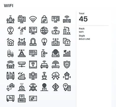 45 Wifi Pixel Optimized Vector Icons in Retina Ready Bold Line Aesthetic Stock Illustration