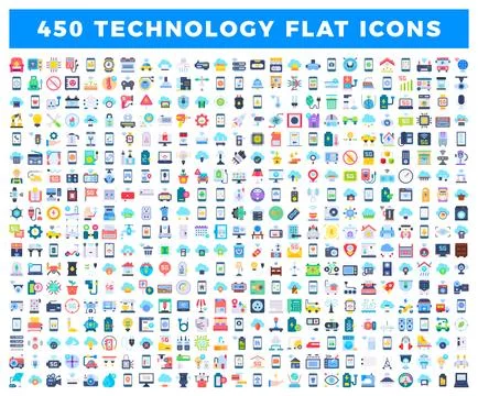 450 Technology Flat Icons Collection Illustrazione stock