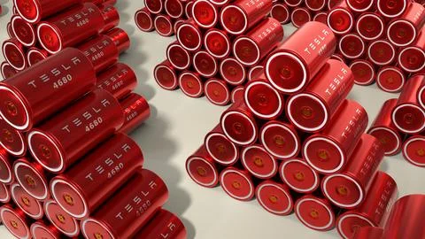 4680 Tesla battery array, High-capacity li-ion accumulator cell modules, ta.. Stock Illustration