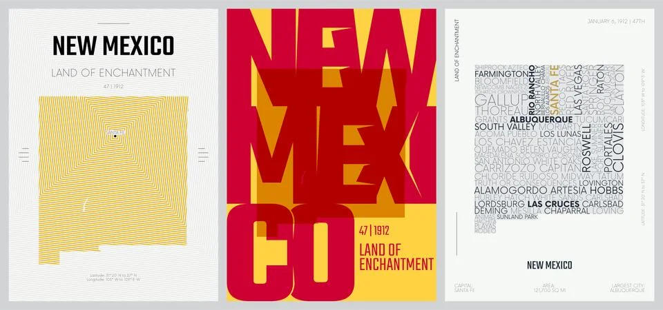 47 of 50 sets, US State Posters with name and Information in 3 Design Styles, Stock Illustration