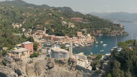 47 Aerial of portofino 4k cinamatic of harbour with boats and mountains holid Stock Footage