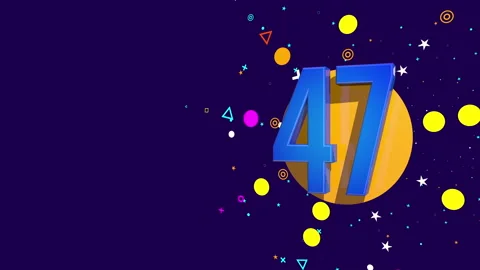 47 number on an orange circle spewing stars, circles, triangles against dark pur Stock Footage 241839942
