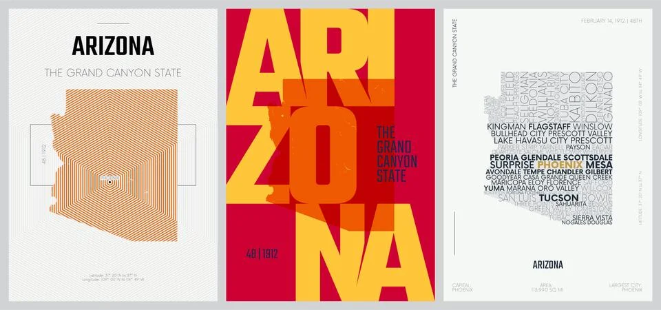 48 of 50 sets, US State Posters with name and Information in 3 Design Styles, Stock Illustration