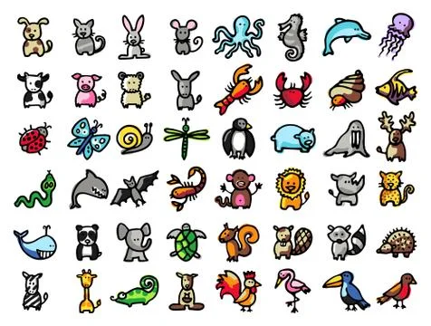 48 vector hand drawn animals, black line and colors 스톡 일러스트