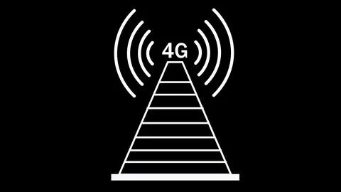 4G cellular network tower icon with signal waves on a black background. Stock Illustration