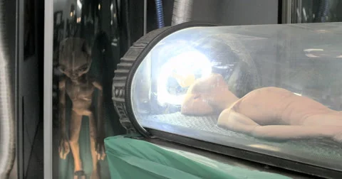 4K 2 alien extra terrestrial bodies on display at UFO museum Roswell, NM Stock Footage 54078711