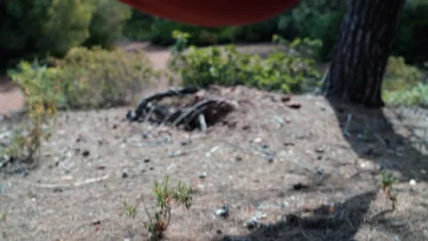 4K 24fps video. Camera moving next to a young man lying in a hammock using th Stock Footage 132516662