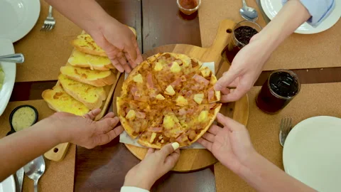 4K 25fps Slow Motion, A close-up of five pizza slices on the tray and five ha Stock Footage 195088596