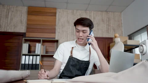 4K 25fps Slow Motion,  Young Man Asian LGBTQ Tailor Shop Owner, Stock Footage 176409986