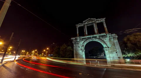 4K 25p Night Timelapse Arch of Hadrian motion control pan Olympeion Stock Footage 54347805