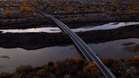 4k 30fps aerial drone hyperlapse of Albuquerque autumn traffic over river Stock Footage 221148288