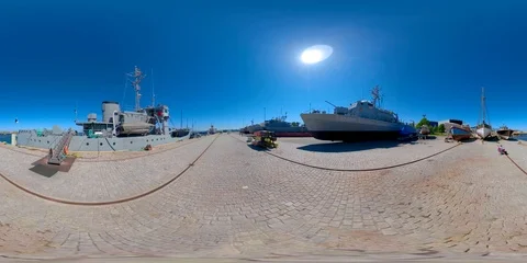 4K 360 VR 360VR of A view of the cruise ship and the warship in Tallin Estonia Stock Footage 91354092