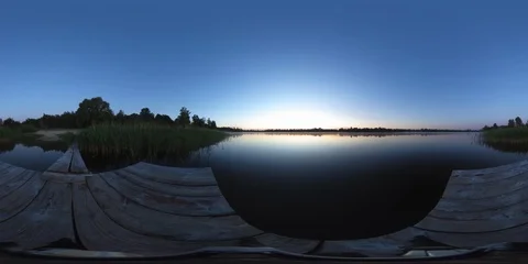 4k 360 vr video. Landscape timelapse of beautiful sunrise sky over lake Stockbeeldmateriaal 90102020