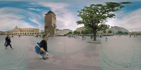 4K 360 VR video Poland Krakow old town architecture Market Square Townhall. 스톡 동영상 106186340
