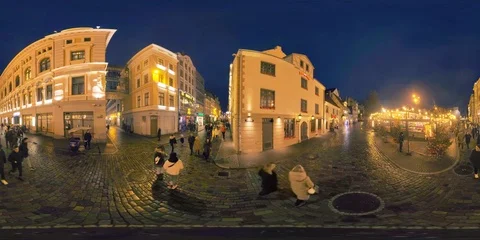 4K 360 VR video Riga old town illuminated for Christmas New Year time, Latvia Видео 122494284