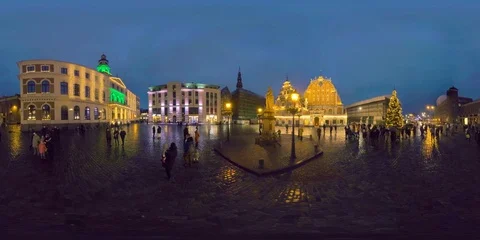 4K 360 VR video Riga old town illuminated for Christmas New Year time, Latvia Видео 122494299