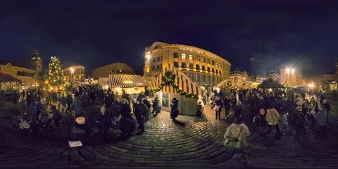 4K 360 VR video Riga old town illuminated for Christmas New Year time, Latvia Видео 122856502