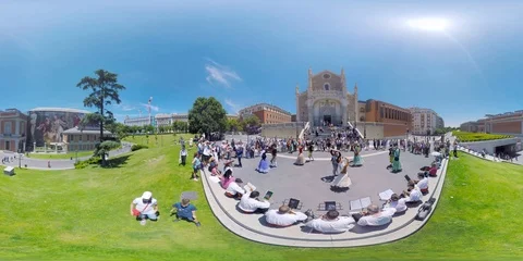 4K 360 VR video Spain Madrid folk historical costume dancing by church 스톡 동영상 105427408