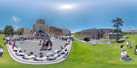 4K 360 VR video Spain Madrid folk historical costume dancing by church Видео 105427468