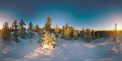 4K 360 VR video winter nature nordic landscape snow forest and lake on sunset Видео 122494494