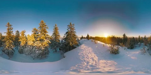 4K 360 VR video winter nature nordic landscape snow forest and lake on sunset Видео 122494534