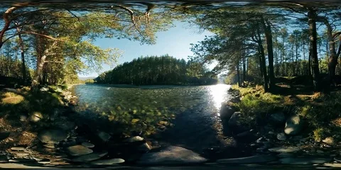 4K 360 VR Virtual Reality of a river flows over rocks in this beautiful forest Stock Footage 72220857
