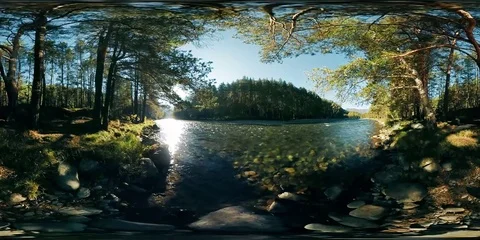 4K 360 VR Virtual Reality of a river flows over rocks in this beautiful forest Stock Footage