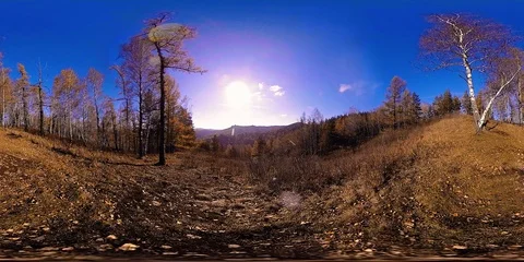4K 360 VR virtual Reality of a beautiful mountain scene at the autumn time. Wild Stock Footage 87636789