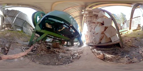 4K 360 VR virtual reality of making wooden shingles to roof with shingle machine Stock Footage 90142342