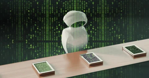 4k 3D Ai Robot searching for something, looking around. Information cubes Video stock 152345509