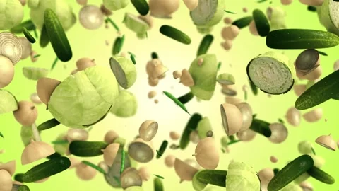 4K 3D Animation Sliced Cabbage Onions Cucumbers and Peas Flying Air Stock Footage 330478511