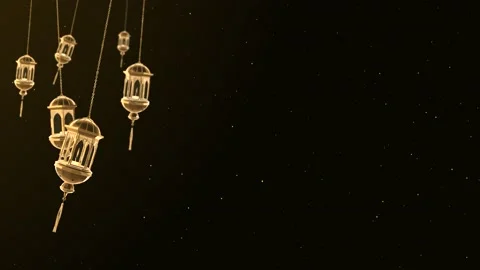 4K 3D candle lantern string hanging Islamic Ramadan Background. Moon and Stock Footage 176885485