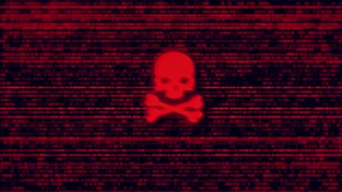 4K 3D Computer screen programming code and a skull, concept of security, malware Stock Footage 257690612