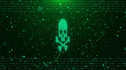 4K 3D Computer screen programming code and a skull, concept of security, malware Stock Footage 258331409