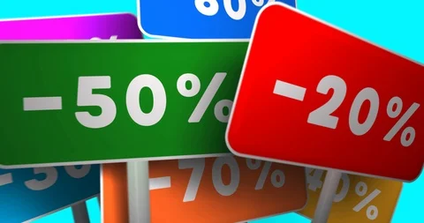 4K. 3D flat banners swing tags animation discounts 10% 20% 30% 30% 40% 50% 70 Stock Footage 124491912