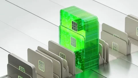 4K 3D Illustration Glowing Digital Bank Cards Circuit Patterns Stock Footage 330478606