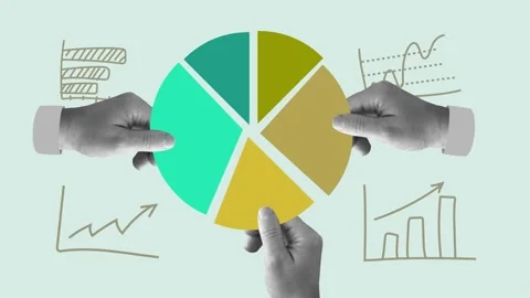 4K 3D Illustration Hands Reconfiguring a Pie Chart with Business Graphs Stock Footage 330478573