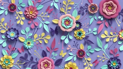 4K 3D Render Abstract Papercraft Flowers Pastel Pink Purple Mint Green Stock Footage 330478669