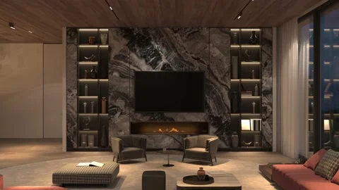 4K 3d render illustration video. Modern luxury interior design living room with Stock Footage 197372535