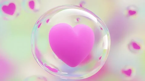 4K 3D Render Pink Heart Encased in Transparent Bubble Pastel Background Vídeo Stock 330478674