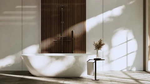 4K 3D Render Wabi-Sabi Bathroom Freestanding Bathtub Slatted Wood Stock Footage 330478718