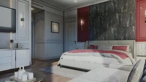 4K 3D Rendering Animation of Luxury Bedroom Red Accent Wall Stock Footage 320300761