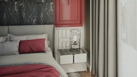 4K 3D Rendering Animation of Luxury Bedroom Red Accent Wall Stock Footage 320301172